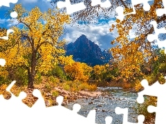 Park Narodowy Zion, Jesień, Rzeka, Virgin River, Stan Utah, Stany Zjednoczone, Kamienie, Drzewa, Góry Watchman