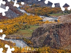 Rzeka, Dolina, Czułyszman, Jesień, Ałtaj, Rosja, Góry, P