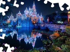 Noc, Kalifornia, Disneyland, Staw, Oświetlony, Stany Zjednoczone, Anaheim, Odbicie, Most, Zamek Śpiącej Królewny
