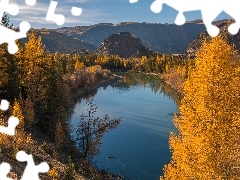 Jesień, Drzewa, Jezioro, Góry