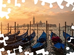Łódki, Wenecja, Wschód słońca, Kanał, Włochy, Gondole