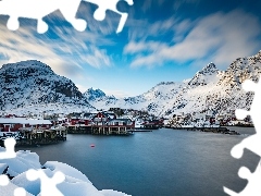 Domy, Góry, Zima, Lofoty, Norwegia, Chmury, Śnieg