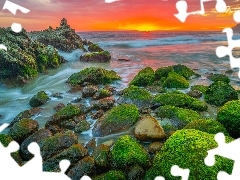 Morze, Zachód słońca, Kamienie, Omszałe, Kalifornia, Sta