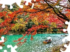 Drzewa, Łódki, Kioto, Kolorowe, Rzeka Hozu, Dzielnica Aras
