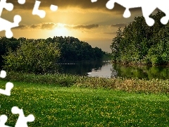Łąka, Drzewa, Zachód słońca, Jezioro