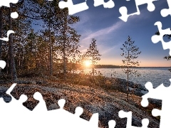Ładoga, Karelia, Skały, Jezioro, Rosja, Drzewa, Zachód s