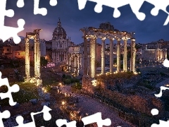 Forum Romanum, Rzym, Noc, Ruiny, Włochy, Świątynia Saturn