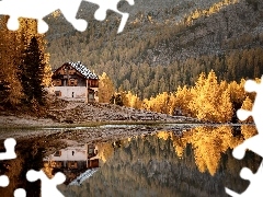 Jesień, Dolomity, Lago Federa, Odbicie, Dom, Góry, Jezioro