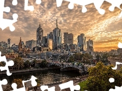 Wieżowce, Rzeka Yarra, Melbourne, Drzewa, Most, Miasto, Aus