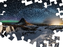 Noc, Niebo, Droga Mleczna, Zima, Gwiazdy, Góra Kirkjufell, Islandia