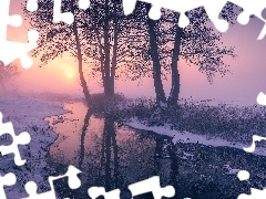 Drzewa, Zima, Krzewy, Śnieg, Rzeka, Przebijające światło, Mgła