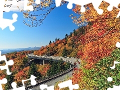 Drzewa, Jesień, Blue Ridge, Góry, Most, Stany Zjednoczone,