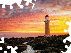 Cape du Couedic Lighthouse, Wybrzeże, Zachód słońca, Latarnia morska, Morze, Chmury, Australia