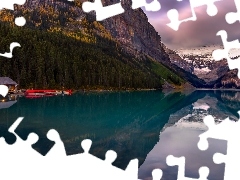 Jezioro, Góry, Lake Louise, Drzewa, Alberta, Kanada, Odbicie, Park Narodowy Banff, Dom