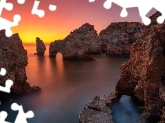 Wybrzeże, Algarve, Ponta da Piedade, Morze, Portugalia, Skały, Zachód słońca