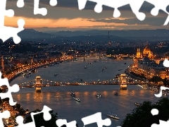 Rzeka Dunaj, Węgry, Parlament, Noc, Most Łańcuchowy, Buda