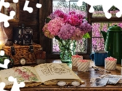 Okno, Kompozycja, Bukiet kwiatów, Hortensje, Lampa, Dzbanek