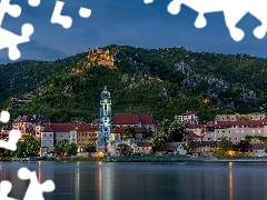 Rzeka Dunaj, Góry, Budowle, Domy, Durnstein, Austria, Kośc