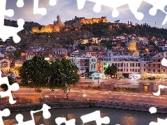 Wzgórze, Miasto, Twierdza Narikala, Tbilisi, Gruzja, Domy, Drzewa