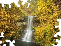 Żółte, Wodospad, Oregon, Lower South Falls, Jesień, Drzewa, Stany Zjednoczone