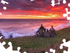 Morze, Zachód słońca, Szkocja, Ruiny