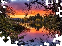 Goldwater Lake, Drzewa, Stany Zjednoczone, Gałęzie, Stan Arizona, Jezioro, Zachód słońca, Prescott