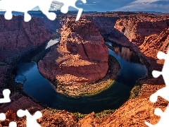 Kanion, Park Narodowy Glen Canyon, Skały, Rzeka, Arizona, Stany Zjednoczone, Horseshoe Bend, Zachód słońca, Kolorado River