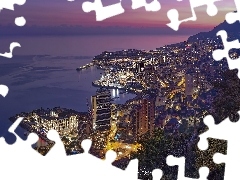 Miasto, Monako, Morze, OĹwietlone, Noc