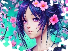 Dziewczyna, Kwiaty, Anime, Twarz