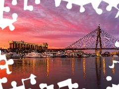 Most Anzac Bridge, Sydney, WieĹźowce, Zatoka Black Wattle, Australia, Ĺodzie, ZachĂłd sĹoĹca
