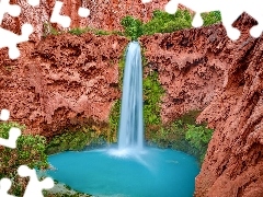 Park Narodowy Wielkiego Kanionu, Wielki Kanion Kolorado, Havasu Falls, Drzewa, Wodospad, Arizona, Stany Zjednoczone, SkaĹy