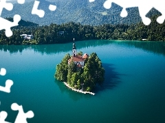 Jezioro Bled, Wyspa, Alpy Julijskie, SĹowenia, GĂłry, B