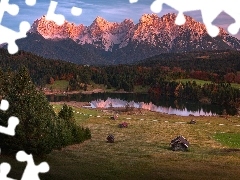 Jezioro Geroldsee, GĂłry Karwendel, Lasy, Drzewa, Bawaria,