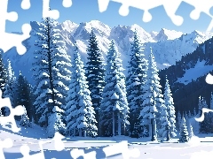Drzewa, GĂłry, Promienie sĹoĹca, Las, Zima, Ĺnieg