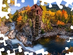 Crystal Mill, Kolorado, Drzewa, MĹyn, Stany Zjednoczone, JesieĹ, Rzeka