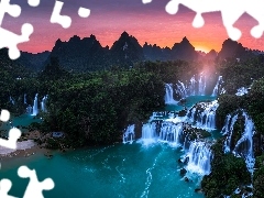 Cao Bang, Ban Gioc Waterfall, ZachĂłd sĹoĹca, Rzeka, Wodospad, GĂłry, Wietnam