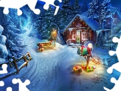 Boże Narodzenie, Dom, Prezenty, Drzewa, Latarnia, Zima, Gra