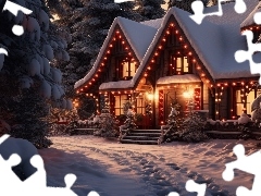 Dom, Ośnieżone, Święta, Drzewa, Zima, Światła, Grafika