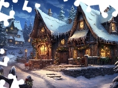 Drzewa, Domy, Wieczór, Święta, Zima, Światła, Śnieg