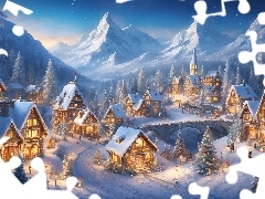 Domy, Boże Narodzenie, Choinki, Góry, Grafika. Zima, Oświetlone, Most