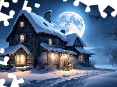 Dom, Zima, Drzewo, Ośnieżony, Grafika, Księżyc, Światło