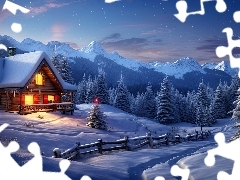 Dom, Zima, Góry, Oświetlony, Grafika, Drzewa, Ogrodzenie
