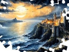 Zamek, Morze, Chmury, Skały, Grafika, Słońce, Fantasy