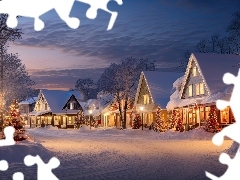Śnieg, Zima, Noc, Ulica, Choinki, Boże Narodzenie, Świat