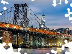 Rzeka, Nowy Jork, Noc, Most Brookliński, Stany Zjednoczone, Budynki, Światła