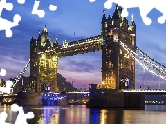 Most, Londyn, Noc, Rzeka Tamiza, Anglia, Tower Bridge, Świa