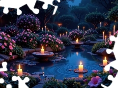 Różowe, Ogród, Świece, AI, Kwiaty, Oczko wodne