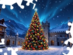 Bombki, Zima, Zorza polarna, Dziedziniec, Domy, Choinka, Boże Narodzenie, Wieża