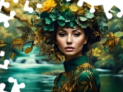 Nakrycie, Zielona, Liście, Bluzka, Kobieta, Głowy, Kwiaty