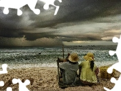 Plaża, Chmury, Dzieci, Morze